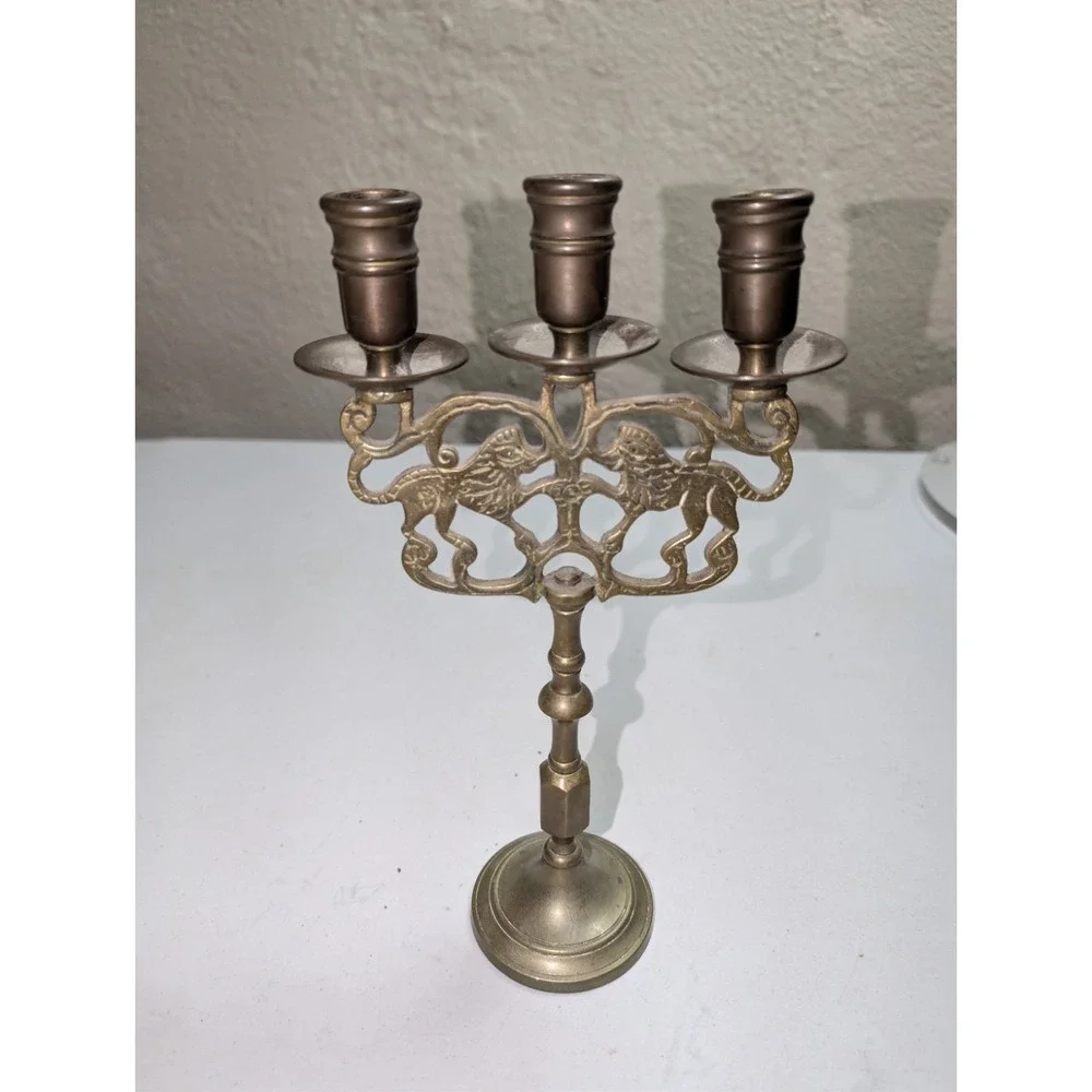 20th Century Judaica‎ Brass American Candelabra Sabbath Jewish Rampant Lions